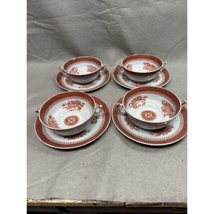 Spode Fitzhugh Red 2 HANDLED 4 3/4 INCH Cream Soup Bowl W/ UNDERPLATE Lot of 4